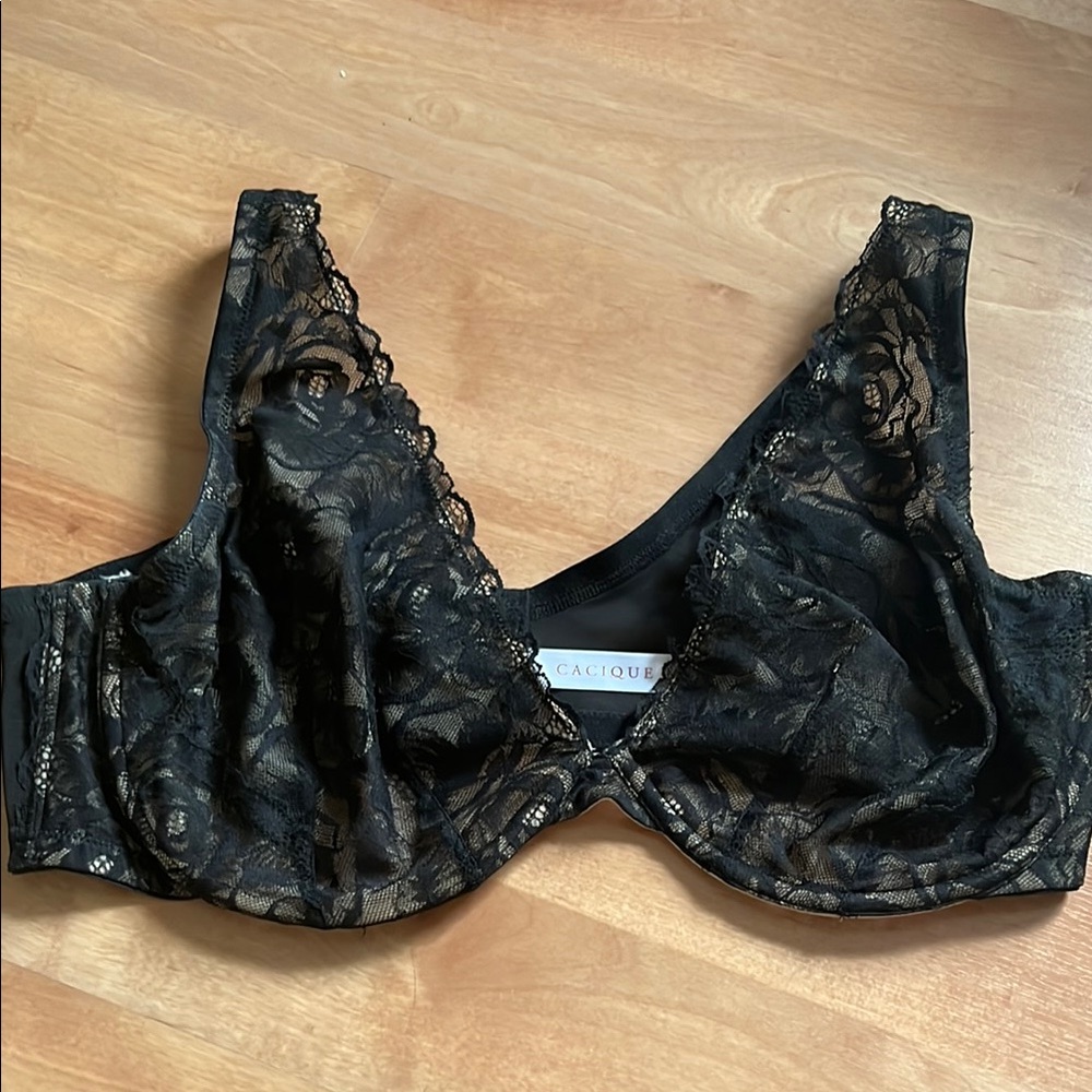 Cacique Black Lace Unlined Plunge Bra 44DDD